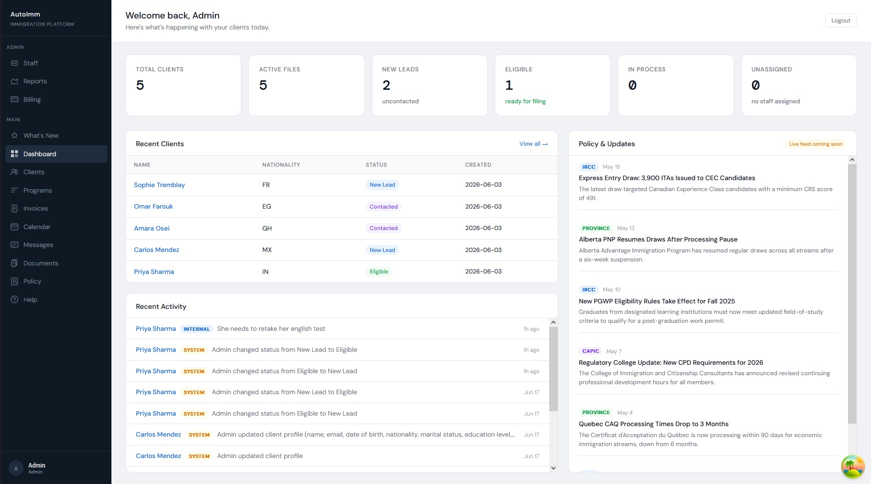 AutoImm dashboard showing client overview, active files, and recent activity